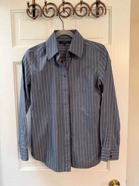 Lafayette 148 New York Blue White Pinstripe Button Front Blouse Size Small Silk